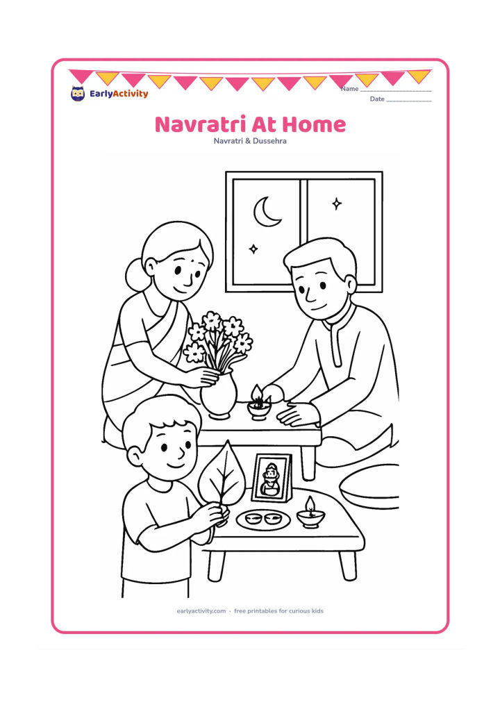 Colouring page: Draw a family preparing a festive prayer corner at home, with one person arranging flowers, another placing a diya, and a child holding a kalash leaf. Include a low table, cushions, and…