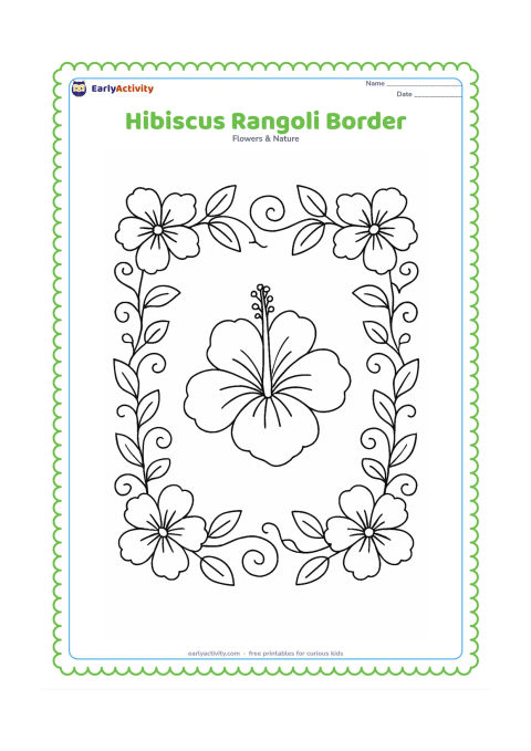 Colouring page: Draw a decorative but unfilled rangoli-inspired border made from hibiscus flowers, leaves, and curling stems around a central open hibiscus. Use floral symmetry without including…