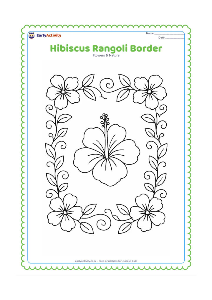 Colouring page: Draw a decorative but unfilled rangoli-inspired border made from hibiscus flowers, leaves, and curling stems around a central open hibiscus. Use floral symmetry without including…