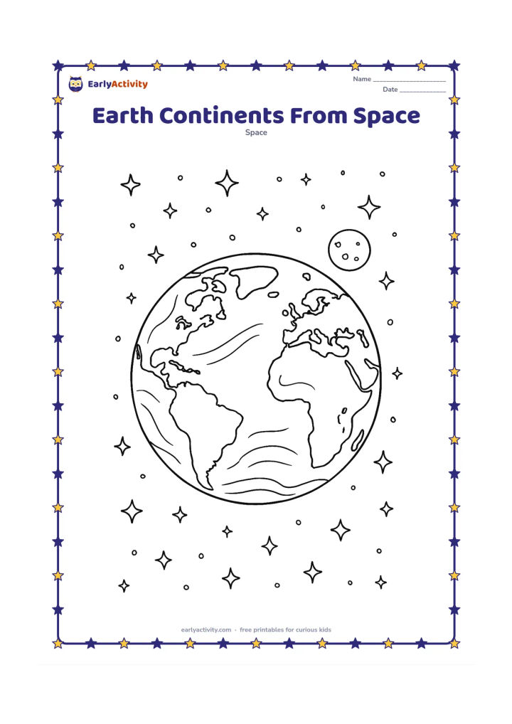 Colouring page: A detailed Earth floats in space with recognizable outlines of several continents, curved cloud bands, ocean currents suggested by broad lines and a small Moon in the distance. Surround…