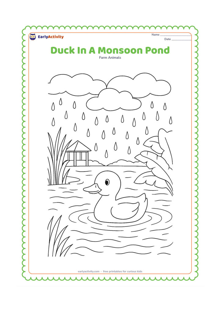 Colouring page: A duck swims through a monsoon pond with layered rain clouds, falling raindrops, spreading ripples, tall reeds and broad banana leaves on the bank. Include a small raised shelter in the…