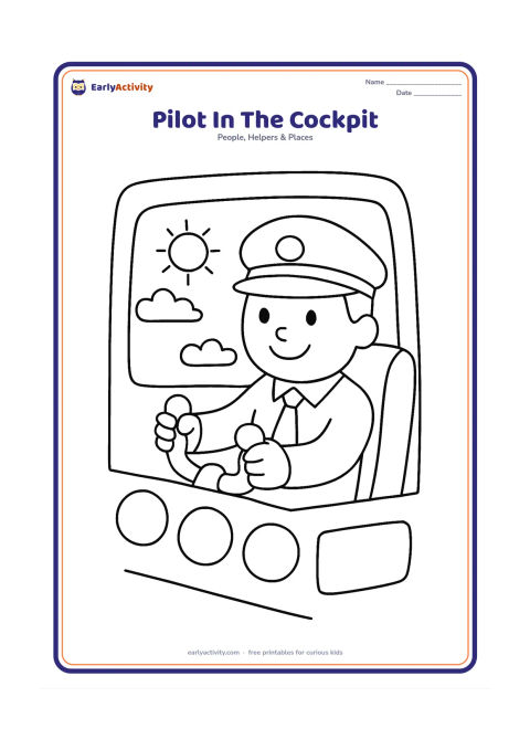 Colouring page: A friendly pilot sits in a simple cockpit, holding the steering controls. Show one large front window with a sun and two or three clouds outside, plus a few large blank instrument shapes.