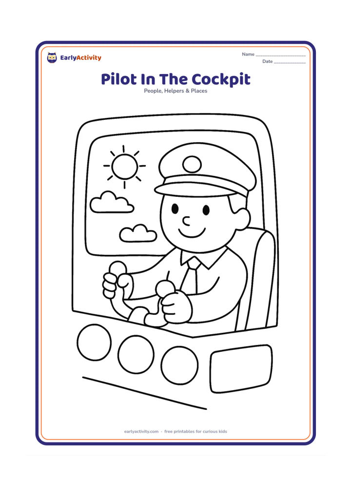 Colouring page: A friendly pilot sits in a simple cockpit, holding the steering controls. Show one large front window with a sun and two or three clouds outside, plus a few large blank instrument shapes.
