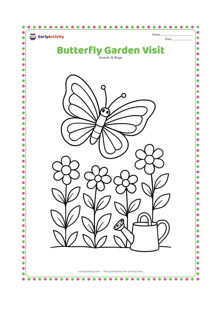 Colouring page: Draw a butterfly hovering over a row of garden flowers with varied heights, rounded leaves, and a small watering can in the background. Show the butterfly at an angle with both wings…