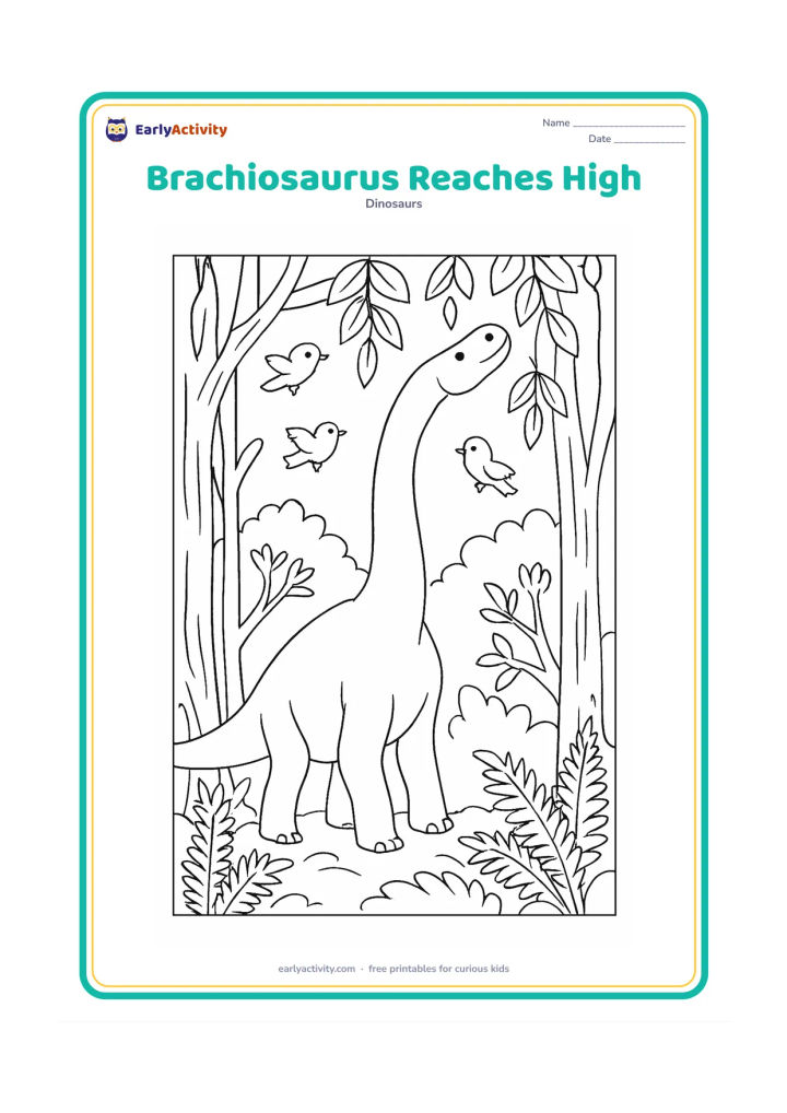 Colouring page: A brachiosaurus rises through a leafy woodland to reach a high branch, showing its high shoulders and long front legs. Surround it with layered tree trunks, hanging leaves, ferns and a…