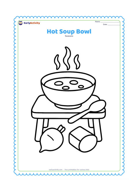 Colouring page: A child-safe bowl of steaming winter soup on a small table, with a spoon and two chunky vegetable pieces nearby. Show only a few large curls of steam.