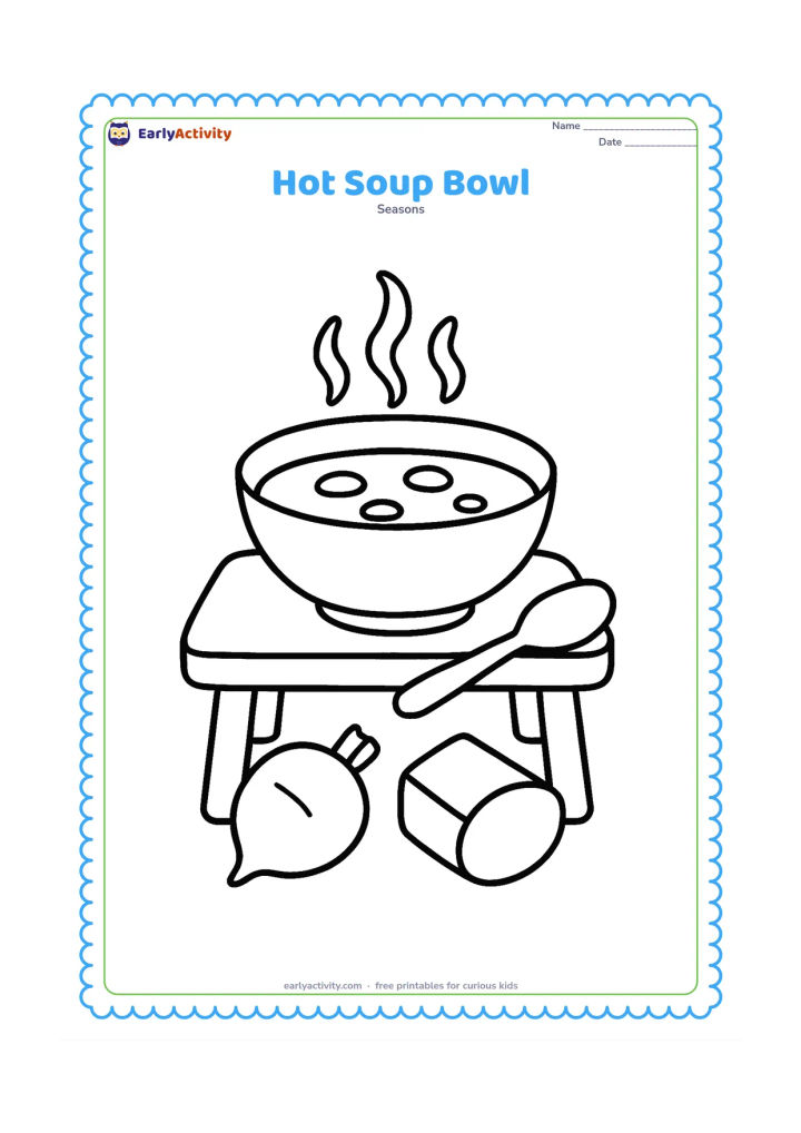 Colouring page: A child-safe bowl of steaming winter soup on a small table, with a spoon and two chunky vegetable pieces nearby. Show only a few large curls of steam.