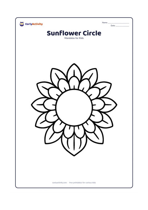 Colouring page: A circular mandala built from a large central sunflower, with repeated rounded petals and simple leaf shapes around the outer ring. Keep the centre open and include only a few large…
