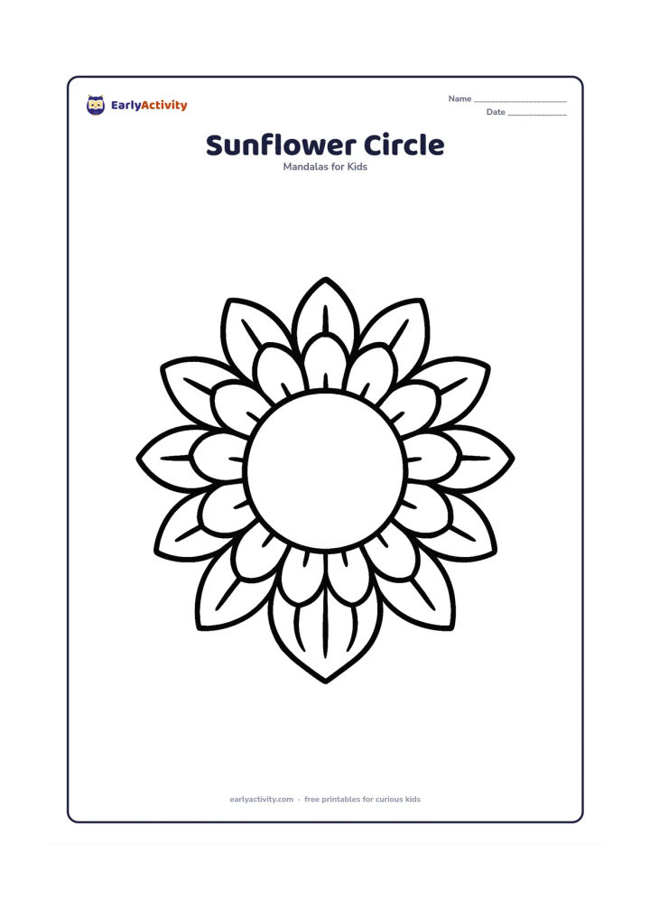 Colouring page: A circular mandala built from a large central sunflower, with repeated rounded petals and simple leaf shapes around the outer ring. Keep the centre open and include only a few large…