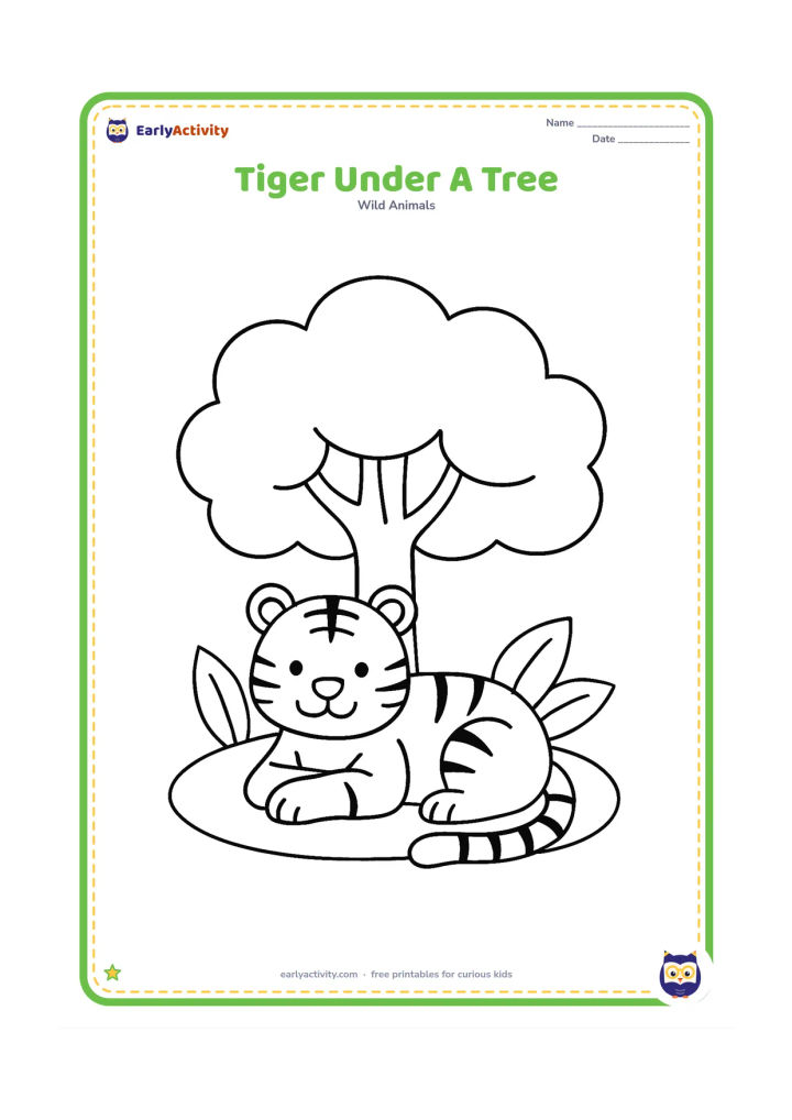 Colouring page: A tiger rests beneath a broad-canopied tree with its front paws crossed and tail curled around its body. Add three large leaves and a small patch of shade indicated by a curved outline.