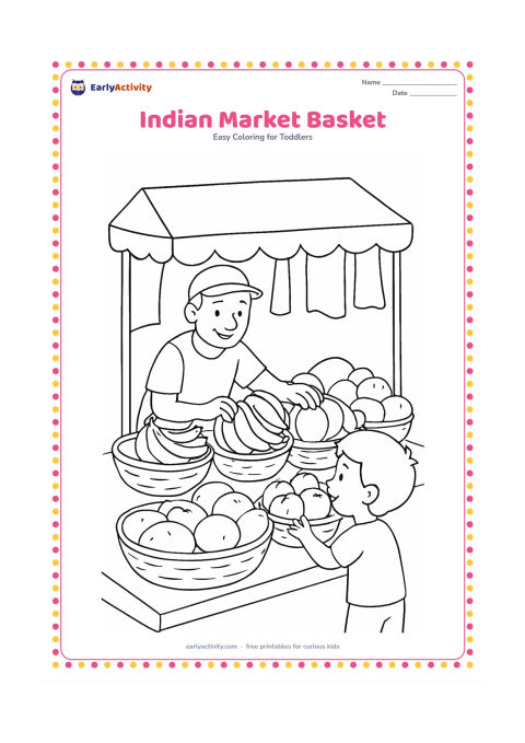 Colouring page: Draw a market stall with a vendor arranging bananas, mangoes, coconuts and tomatoes in baskets, while a child reaches toward one basket. Add a canopy and a few broad hanging cloth shapes.