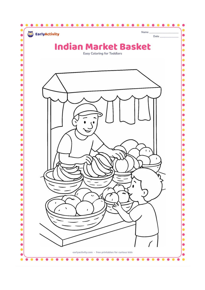 Colouring page: Draw a market stall with a vendor arranging bananas, mangoes, coconuts and tomatoes in baskets, while a child reaches toward one basket. Add a canopy and a few broad hanging cloth shapes.