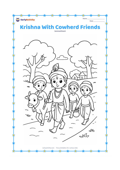 Colouring page: Draw Krishna walking with three cowherd friends along a village path, carrying a flute while one friend carries a small pot. Include a cow, trees, and distant simple houses.