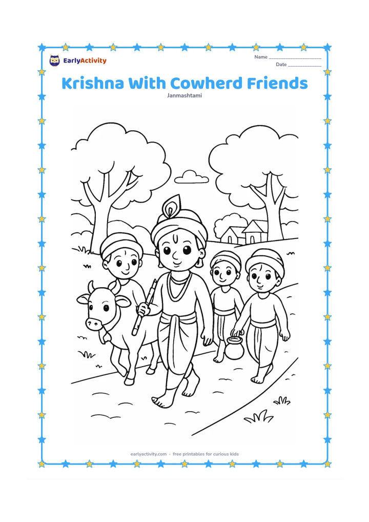 Colouring page: Draw Krishna walking with three cowherd friends along a village path, carrying a flute while one friend carries a small pot. Include a cow, trees, and distant simple houses.