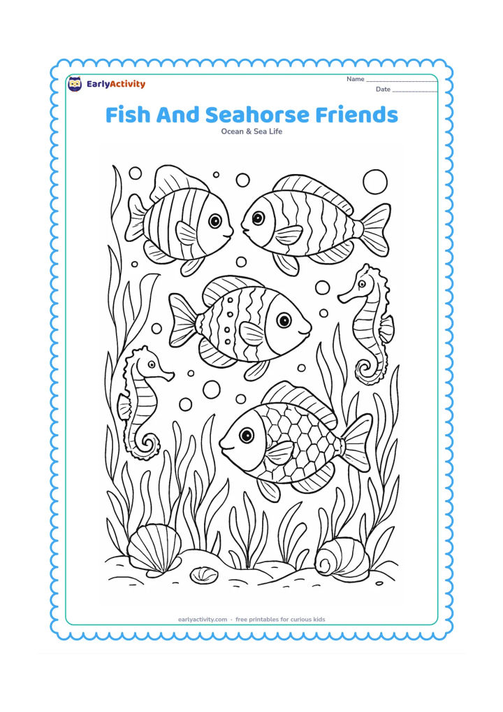 Colouring page: A group of fish with varied stripes, spots, and scale patterns swims through a detailed seagrass meadow with two friendly seahorses, drifting bubbles, shells, and gently curling plants.…