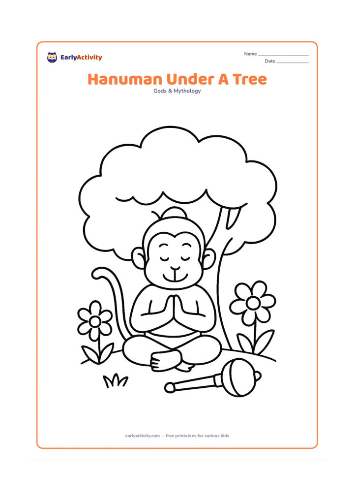 Colouring page: Hanuman sits peacefully beneath a large leafy tree with his folded hands and gada placed beside him. Add two large flowers and a small patch of grass.