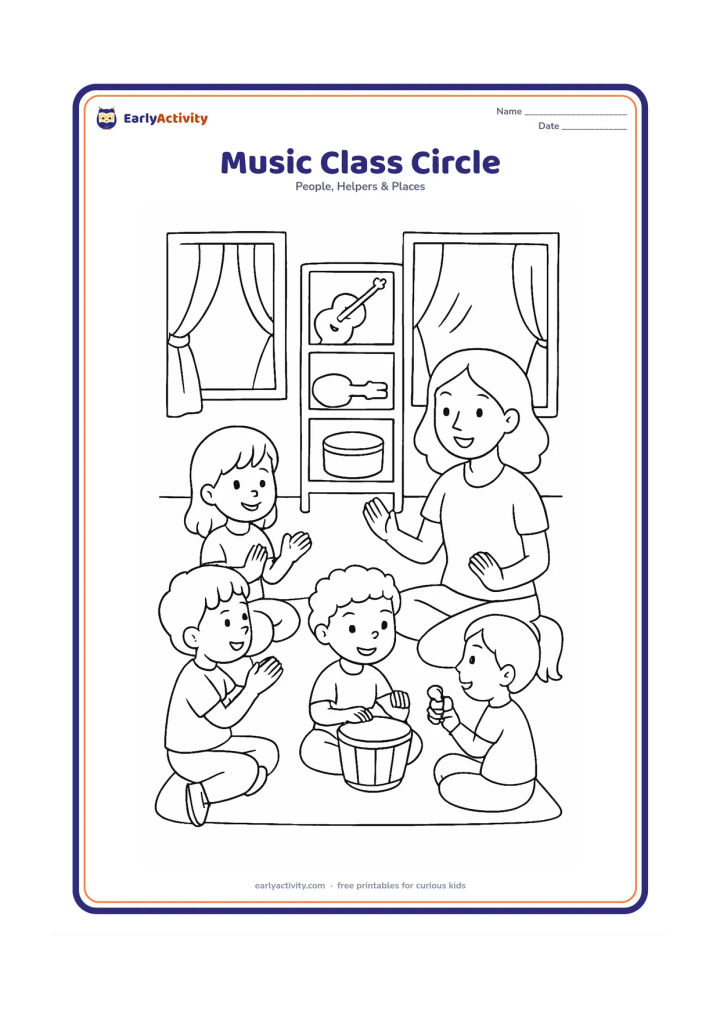 Colouring page: A music teacher leads children seated in a circle, with one child tapping a drum, another shaking bells and others clapping. Add a cupboard with plain instrument shapes, a rug and open…