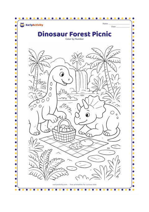 Colouring page: Draw two friendly dinosaurs sharing a picnic in a prehistoric forest, with one reaching for fruit and the other resting beside a basket. Add ferns, tall cycads, stepping stones, a…