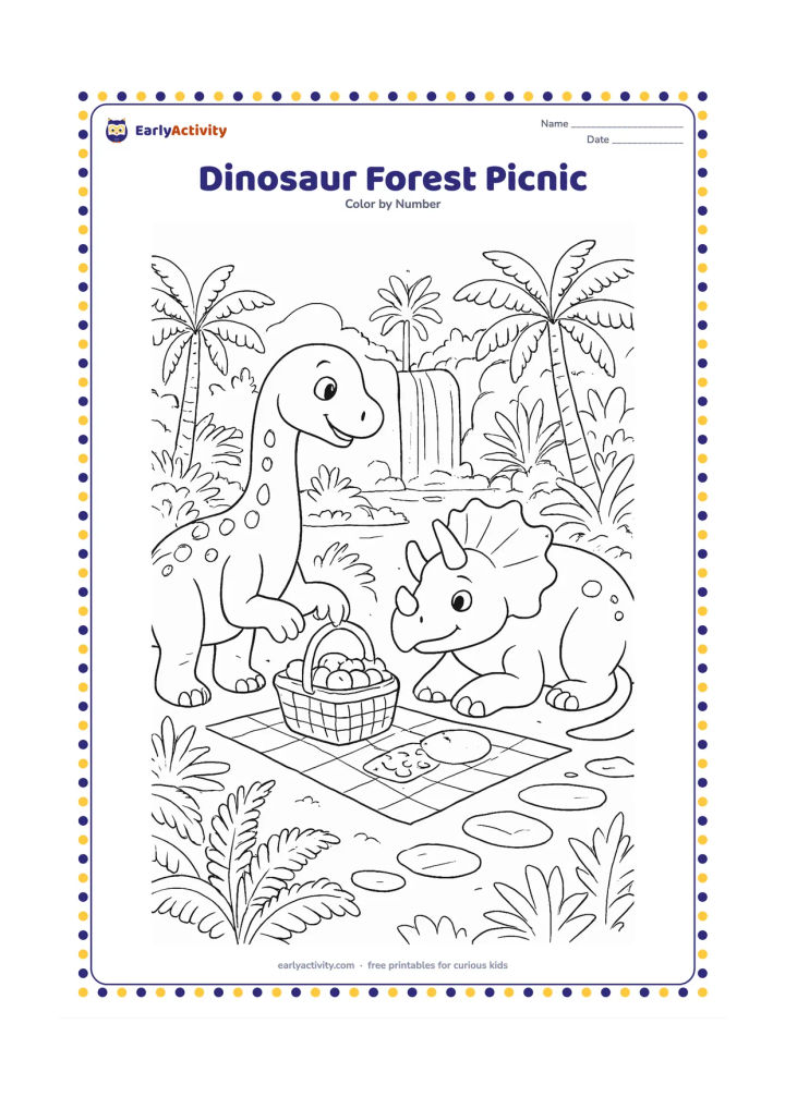 Colouring page: Draw two friendly dinosaurs sharing a picnic in a prehistoric forest, with one reaching for fruit and the other resting beside a basket. Add ferns, tall cycads, stepping stones, a…