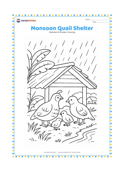Colouring page: A quail family gathers beneath the roof of a small countryside shelter during monsoon rain. Include wet grass, a water channel, banana leaves, and distant Indian village rooftops.
