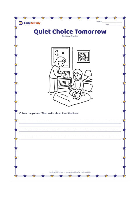 Printable: At bedtime, a child sits beside a sleeping mat and chooses a small toy to share tomorrow, while a parent places books neatly on a low shelf. Include a bedside lamp, moon through the…