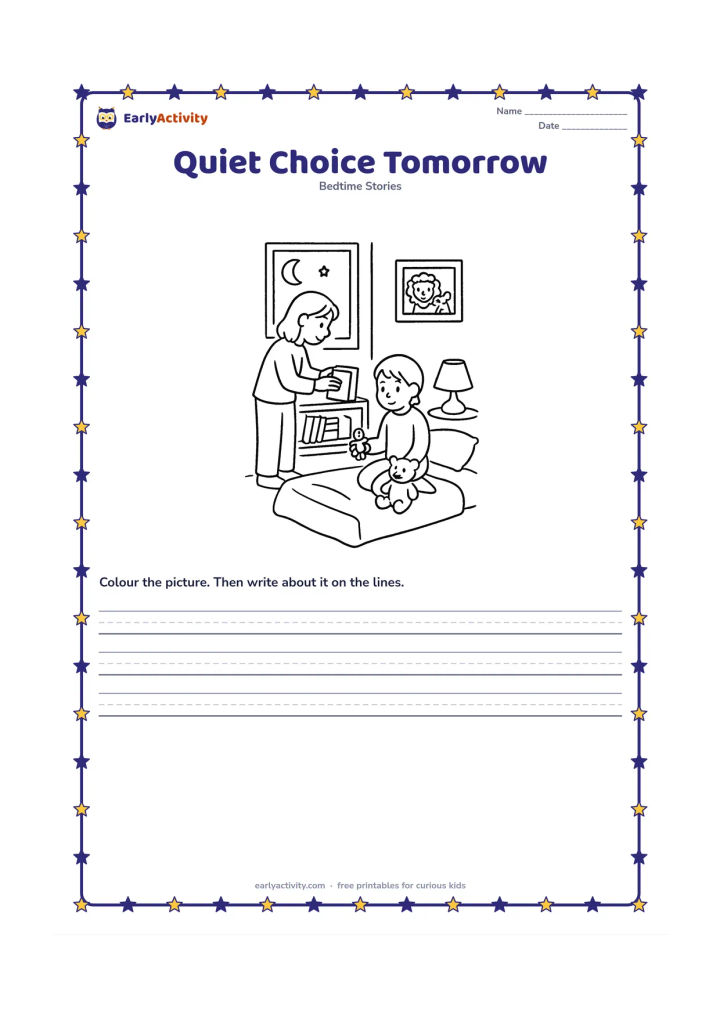 Printable: At bedtime, a child sits beside a sleeping mat and chooses a small toy to share tomorrow, while a parent places books neatly on a low shelf. Include a bedside lamp, moon through the…