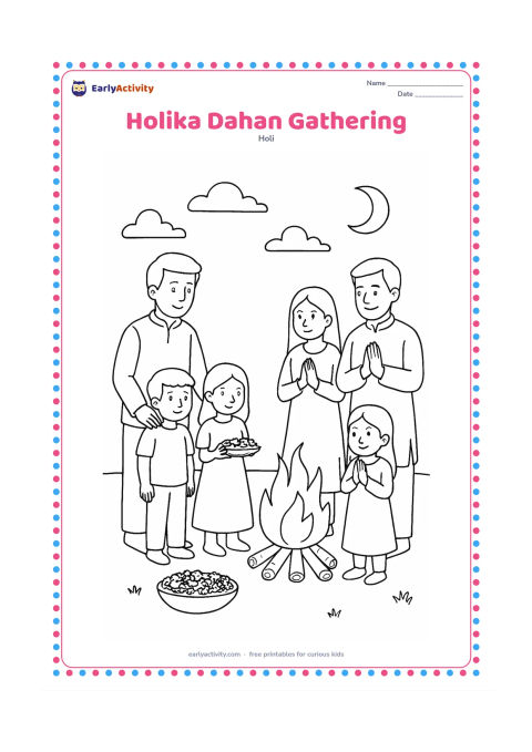 Colouring page: Families stand together at a respectful distance around a small supervised ceremonial bonfire before Holi. Include an adult nearby, flower offerings, a clear open area and a twilight sky…