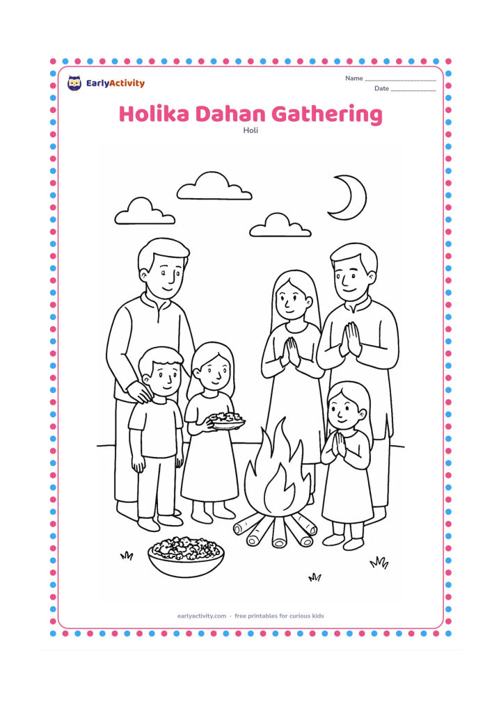 Colouring page: Families stand together at a respectful distance around a small supervised ceremonial bonfire before Holi. Include an adult nearby, flower offerings, a clear open area and a twilight sky…