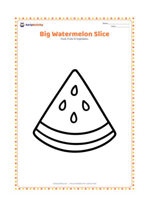 Colouring page: Draw one large triangular watermelon slice centered on the page, with a wide flesh area, thick rind bands, and several large seeds. Leave plenty of open space around the slice.