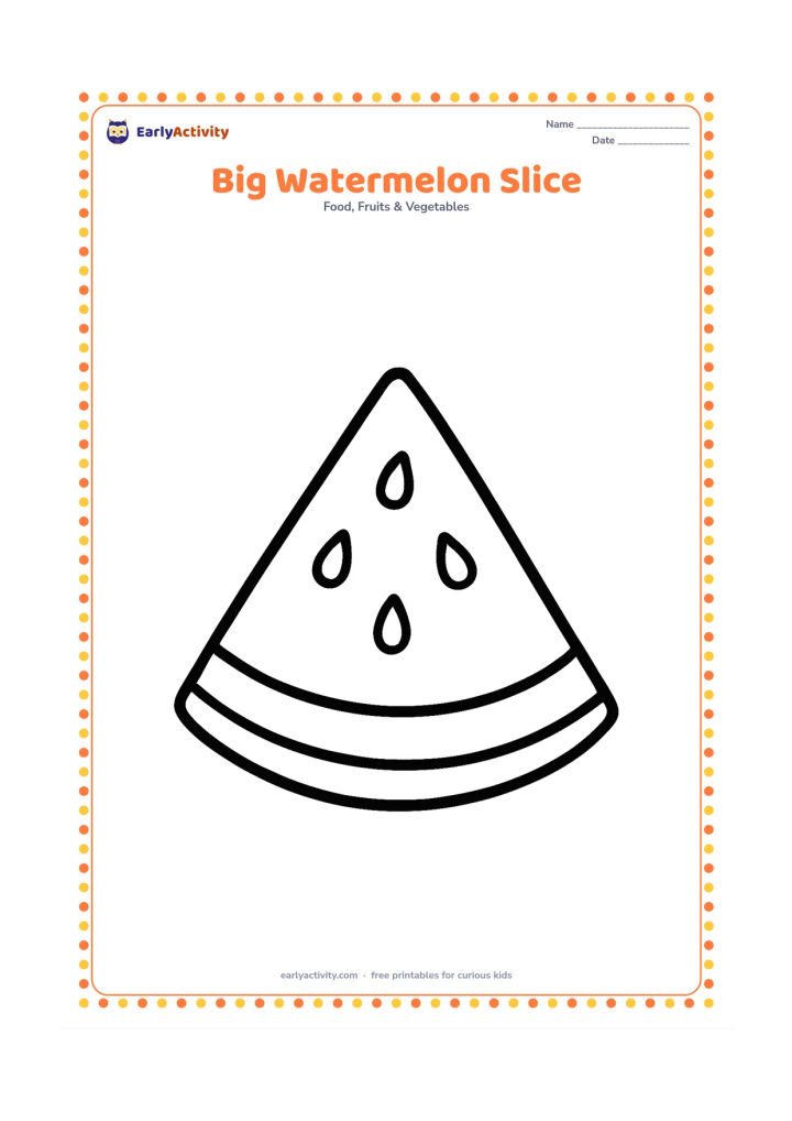 Colouring page: Draw one large triangular watermelon slice centered on the page, with a wide flesh area, thick rind bands, and several large seeds. Leave plenty of open space around the slice.