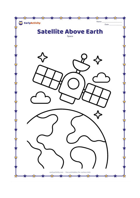 Colouring page: Draw a large artificial satellite with two rectangular solar panels orbiting above a curved Earth, with a few clouds and stars around it. Show the satellite clearly in the foreground…