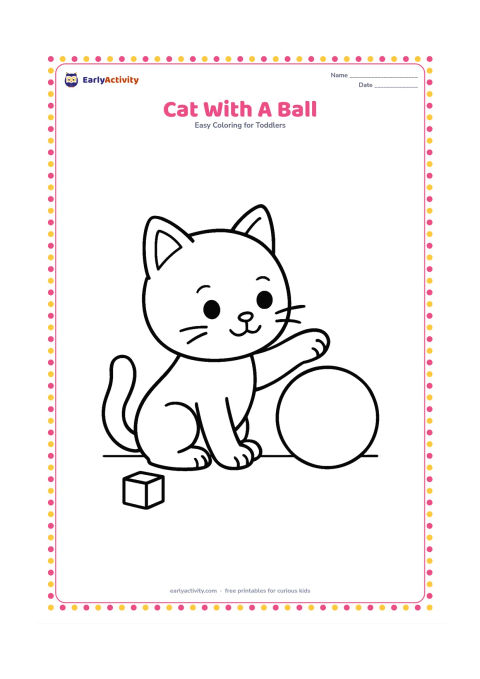 Colouring page: Draw a seated kitten reaching one paw toward a large round ball. Add a short floor line and one small toy block nearby.