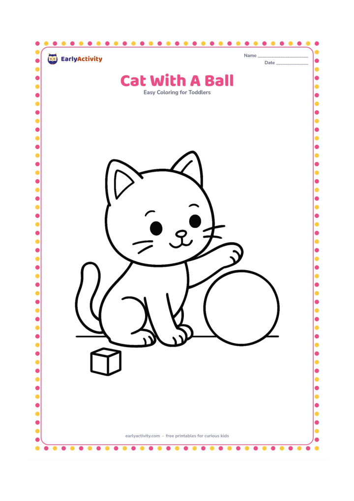 Colouring page: Draw a seated kitten reaching one paw toward a large round ball. Add a short floor line and one small toy block nearby.