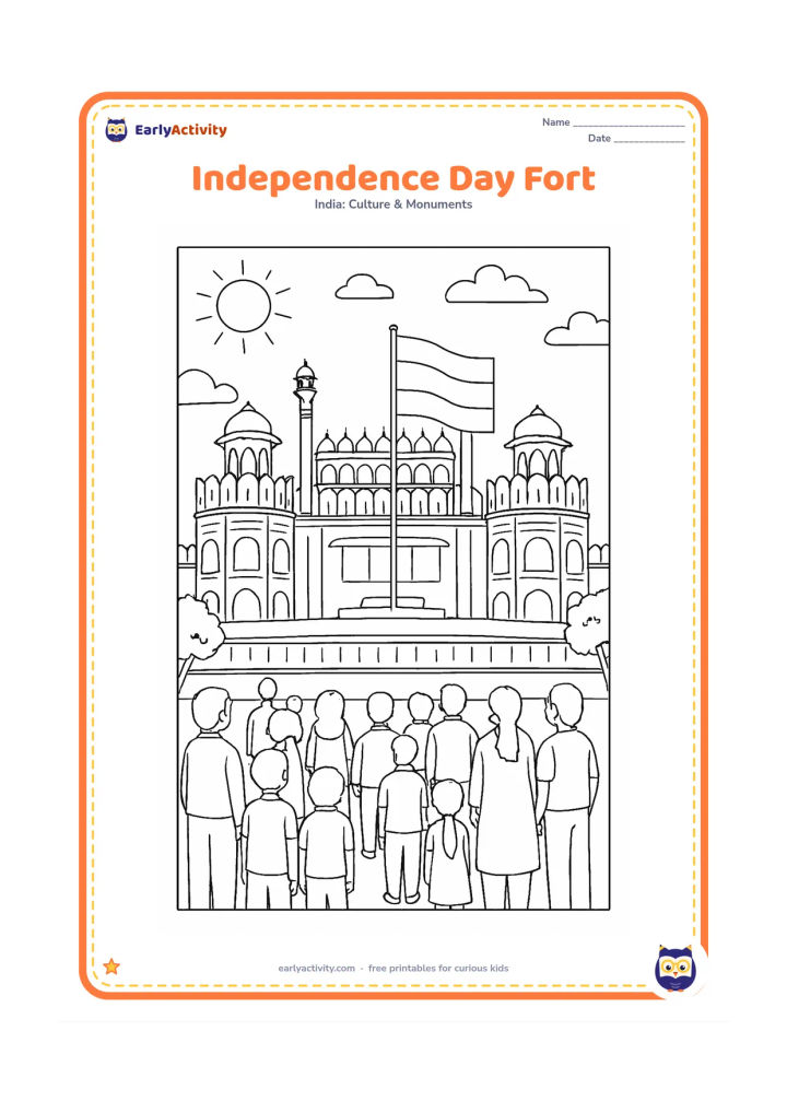 Colouring page: Draw the Red Fort during a flag-hoisting celebration, with the Lahori Gate, long walls, a raised plain Indian tricolour and a respectful crowd in an open foreground. Include distant…