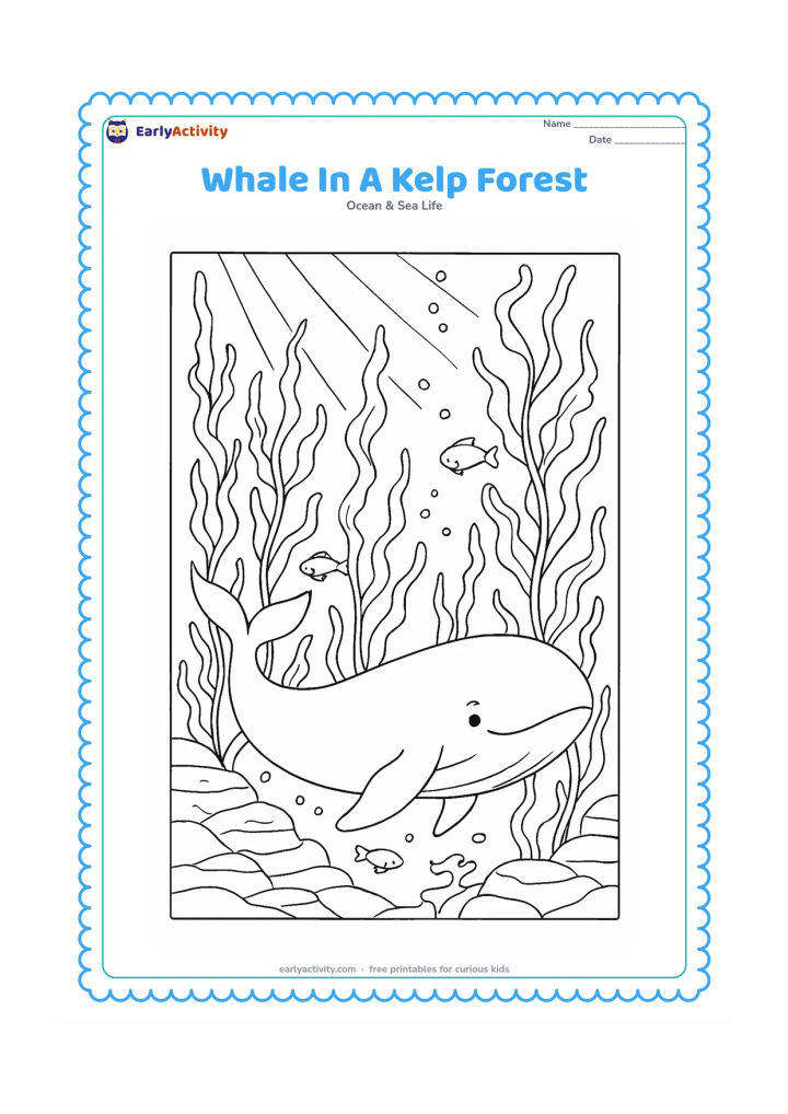 Colouring page: Draw a whale gliding through a tall kelp forest with curling fronds, layered rocks, fish, bubbles, and shafts of light from the surface. Keep the whale in the foreground and the kelp…