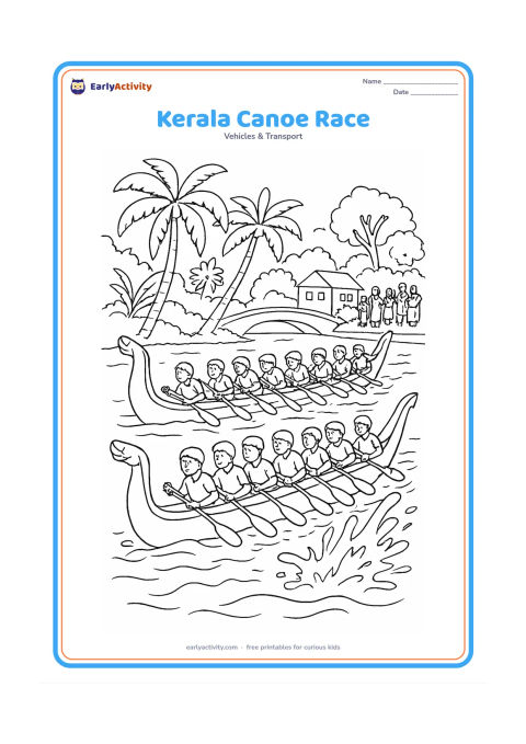 Colouring page: Draw two long Kerala-style snake boats racing side by side through backwaters, with rows of paddlers moving together. Add coconut palms, spectators on the bank, splashing water, and a…