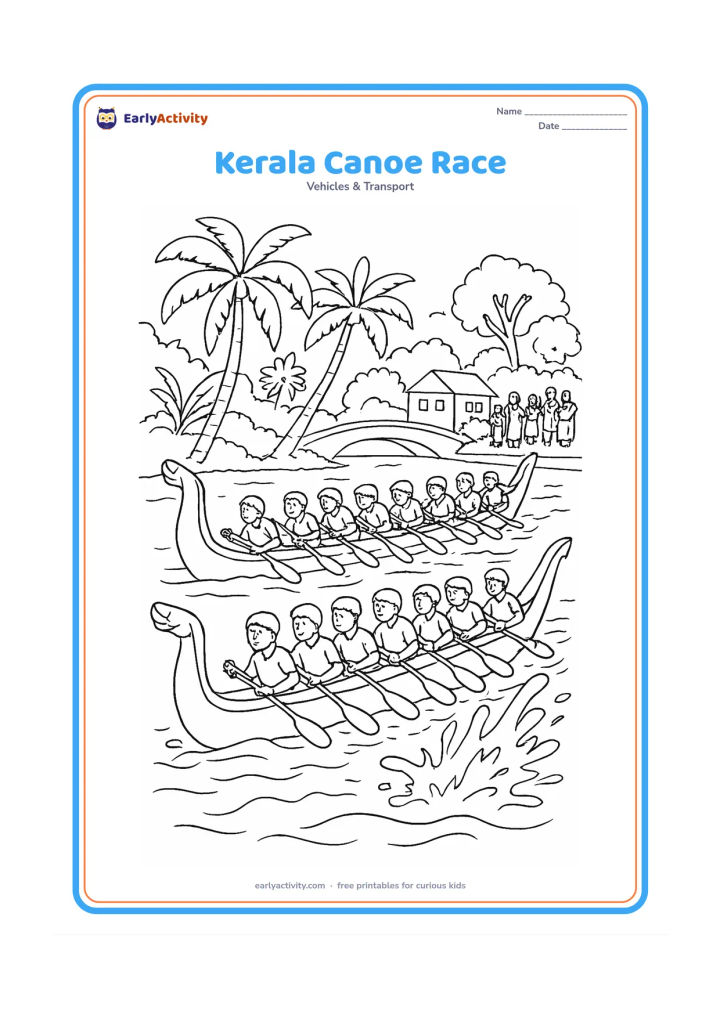Colouring page: Draw two long Kerala-style snake boats racing side by side through backwaters, with rows of paddlers moving together. Add coconut palms, spectators on the bank, splashing water, and a…