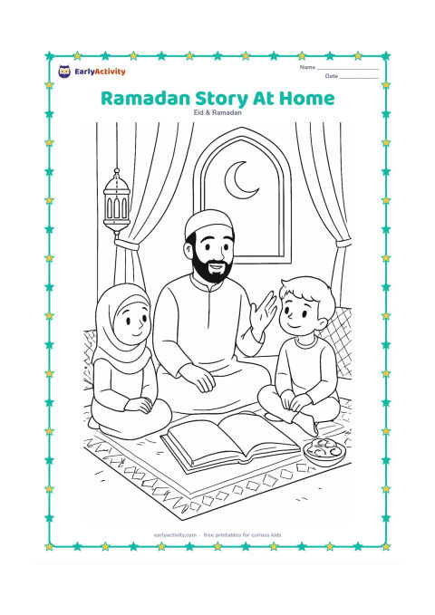 Colouring page: An adult shares a Ramadan story with two children on a rug beside an open blank-page Quran, while a lantern, dates, cushions, curtains, and a moonlit window create a cosy room.