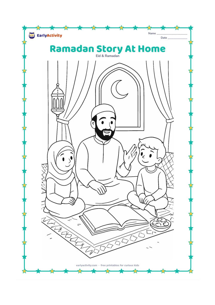 Colouring page: An adult shares a Ramadan story with two children on a rug beside an open blank-page Quran, while a lantern, dates, cushions, curtains, and a moonlit window create a cosy room.