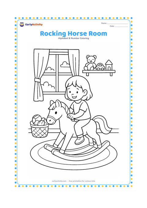 Colouring page: Draw a child riding a wooden rocking horse in a cosy room, with a round rug, toy basket, window curtains, a shelf of simple toys and afternoon light through the window. Show the horse in…