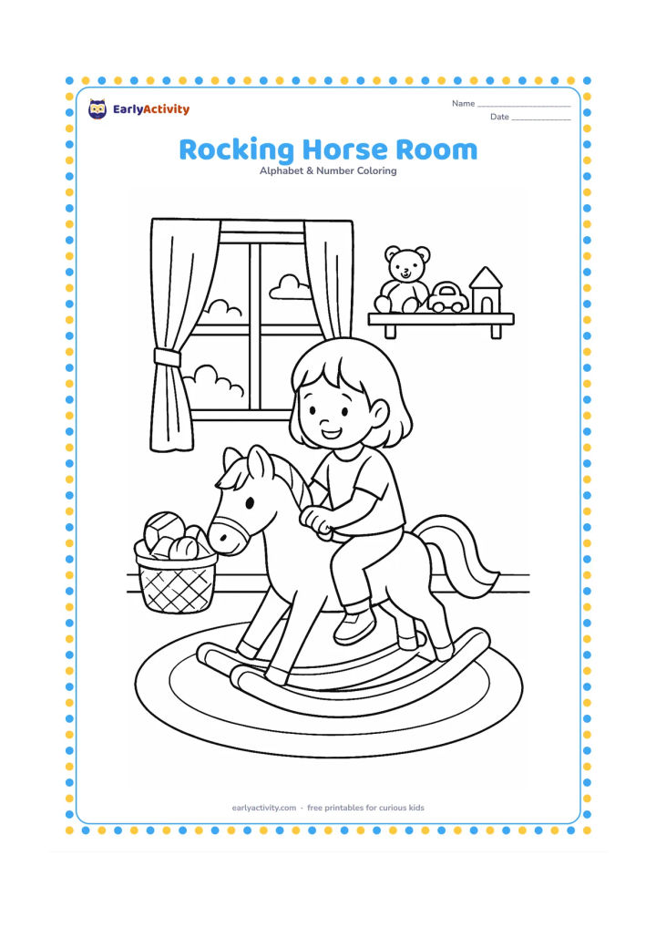 Colouring page: Draw a child riding a wooden rocking horse in a cosy room, with a round rug, toy basket, window curtains, a shelf of simple toys and afternoon light through the window. Show the horse in…