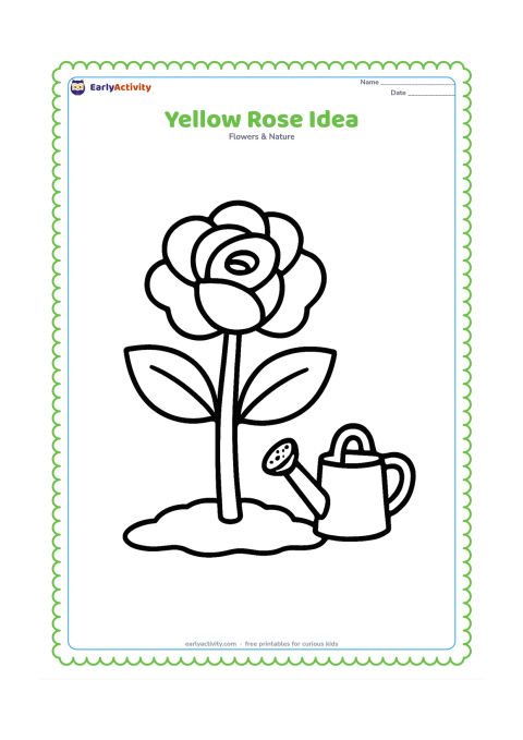 Colouring page: Draw one cheerful open rose with a thick stem, two large leaves, and a small watering can beside it. Add a simple patch of soil.