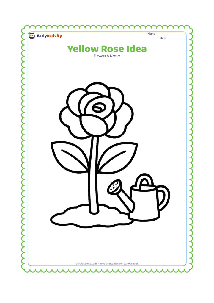 Colouring page: Draw one cheerful open rose with a thick stem, two large leaves, and a small watering can beside it. Add a simple patch of soil.