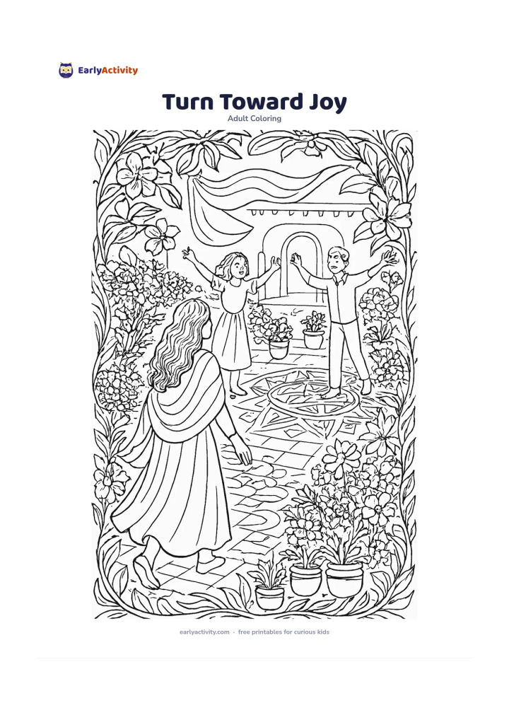 Colouring page: A person turns from a shaded garden path toward a sunny courtyard filled with potted flowers, rangoli-inspired geometric shapes without symbols, fluttering fabric and friends welcoming…