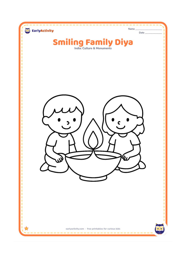 Colouring page: A large diya with a flame in the foreground, with two simple smiling children sitting beside it and looking at the lamp.