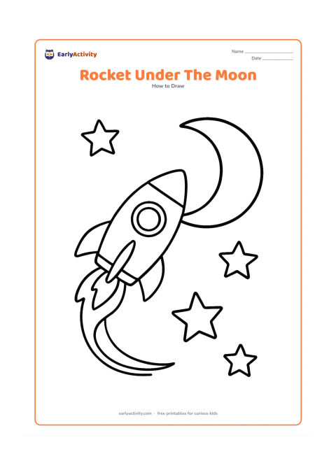 Worksheet: A large side-facing rocket with one round window and two fins flying toward a big crescent moon. Add a few large five-point stars and a curved flame trail, without any letters or numbers.