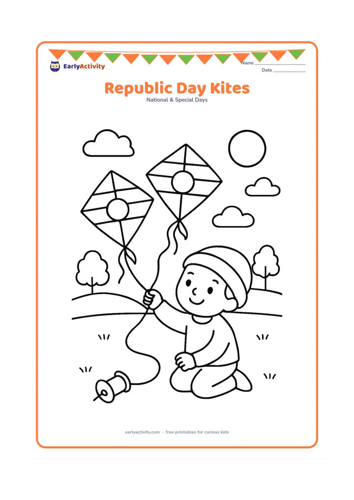 Colouring page: A young child kneels in a sunny winter field, flying two large kites decorated with broad saffron, white and green bands and simple circular motifs. Add a few clouds, distant Indian…