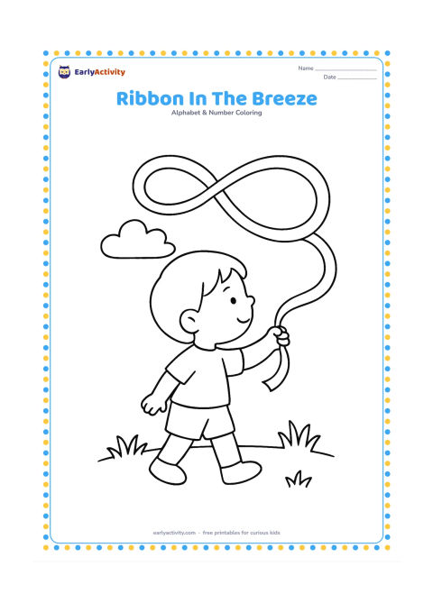 Colouring page: Draw a child holding a long ribbon that curls through the air in two large loops, with a few simple grass tufts and a cloud behind the child. Show the child standing in profile with the…