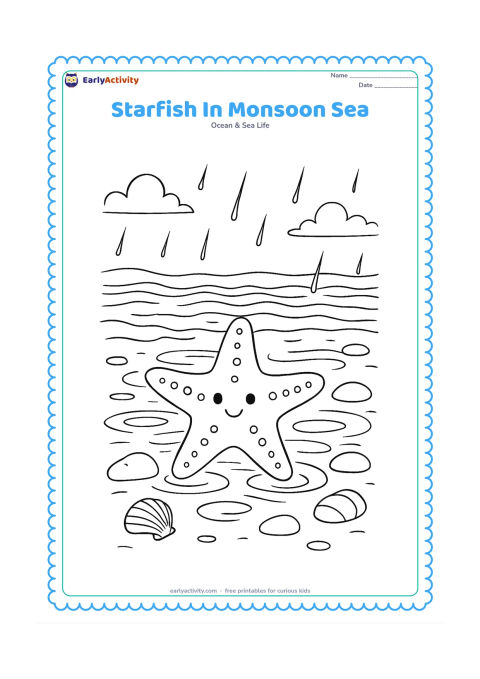 Colouring page: Draw a starfish on a wet Indian shoreline after rain, with puddle ripples, smooth stones, shells and distant soft waves.
