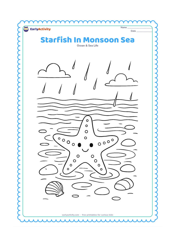 Colouring page: Draw a starfish on a wet Indian shoreline after rain, with puddle ripples, smooth stones, shells and distant soft waves.